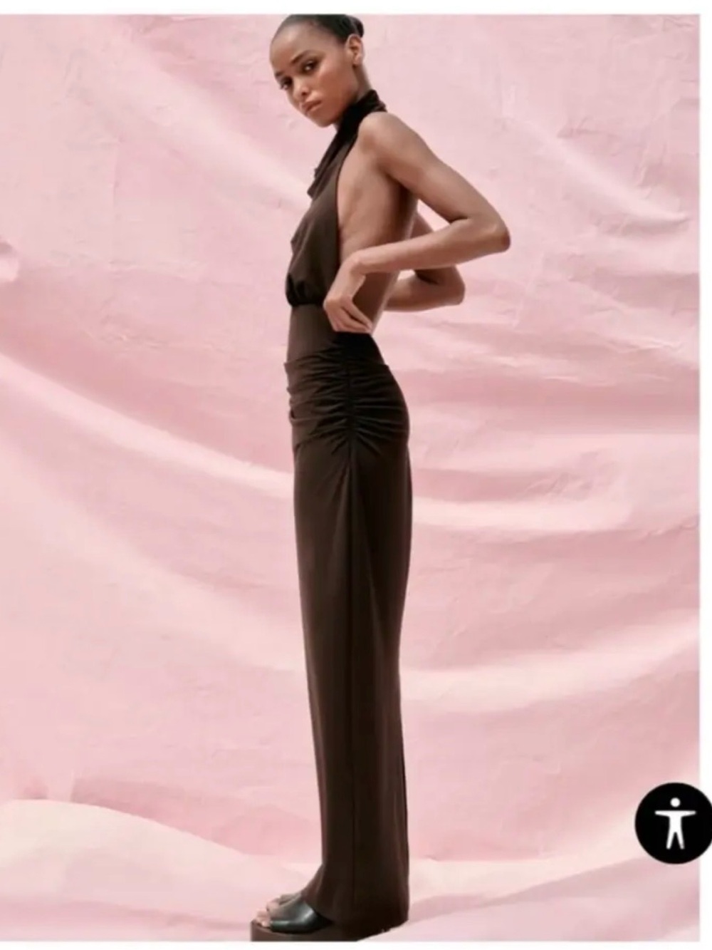 Zara Brown Halter Maxi Dress with Draped Cowl Neck